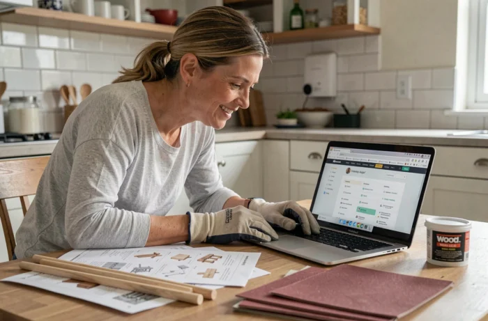 Femme consultant un plan de site bricolage sur ordinateur portable entourée d'outils et de fiches de projet