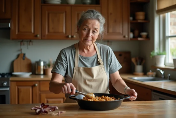 Femme faisant revenir des oignons dorés à la poêle sans beurre ni huile dans une cuisine rustique