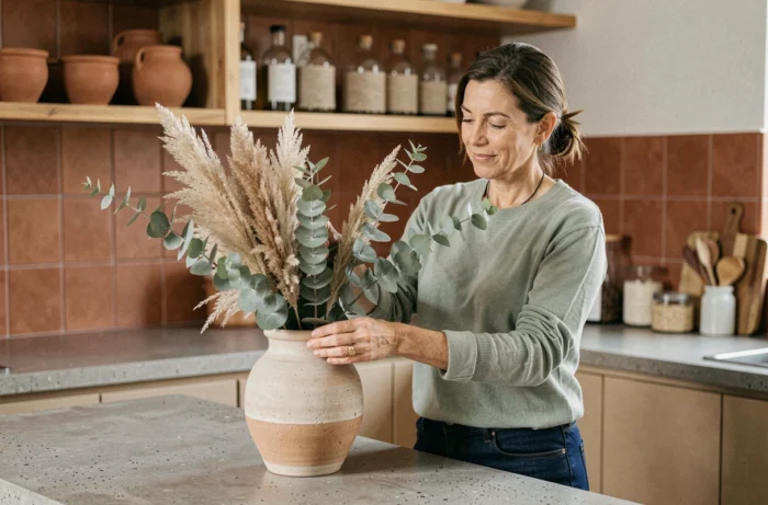 Femme arrangeant des fleurs séchées dans un vase en grès sur un îlot de cuisine au décor naturel et chaleureux