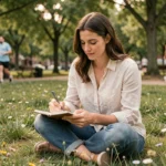 Femme dessinant dans un carnet dans un parc public urbain, activité gratuite de loisir en plein air près de chez soi