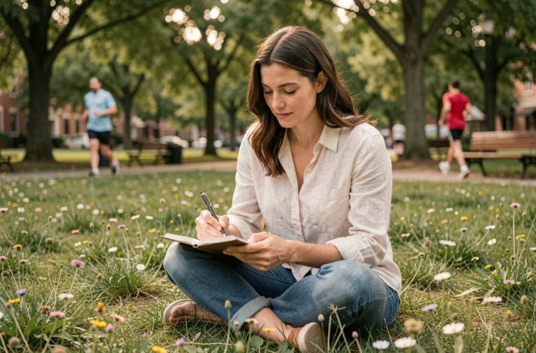Femme dessinant dans un carnet dans un parc public urbain, activité gratuite de loisir en plein air près de chez soi