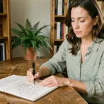 Femme écrivant des adjectifs en français dans un carnet sur un bureau en bois, ambiance studieuse et littéraire