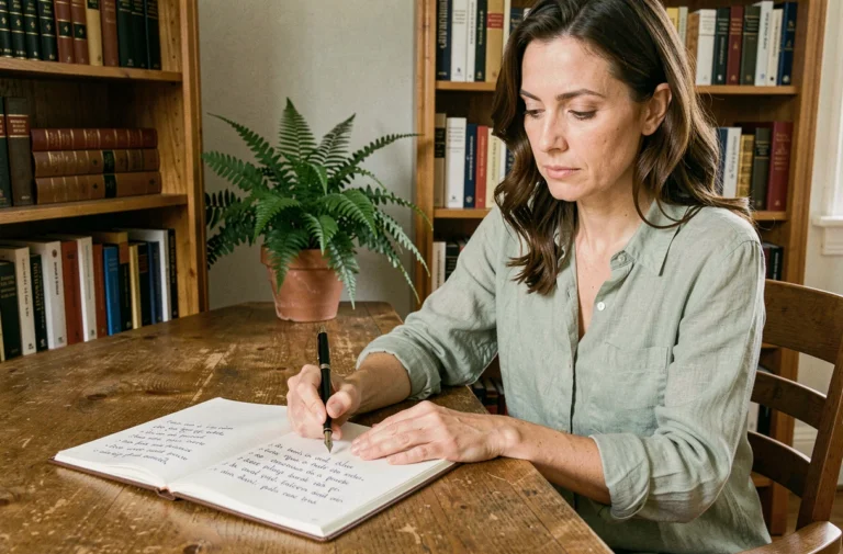 Femme écrivant des adjectifs en français dans un carnet sur un bureau en bois, ambiance studieuse et littéraire