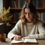 Femme écrivant un poème dans un carnet en cuir dans une bibliothèque cozy à la maison