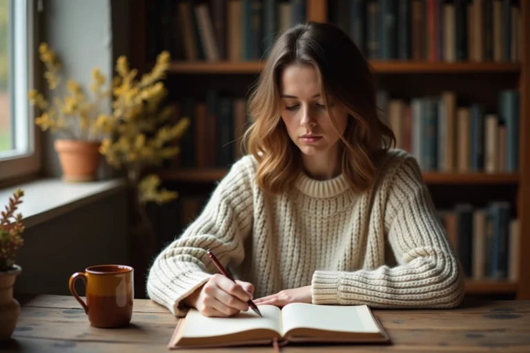 Femme écrivant un poème dans un carnet en cuir dans une bibliothèque cozy à la maison
