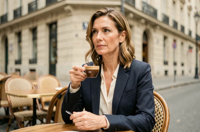Femme élégante assise en terrasse de café parisien avec une expression pensive