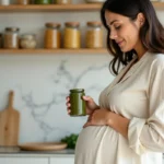 Femme enceinte lisant l'étiquette d'un pot de pesto dans une cuisine moderne