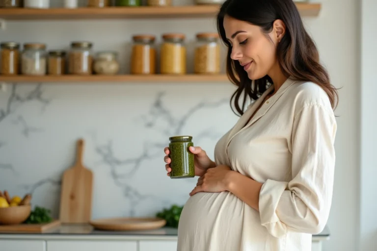 Femme enceinte lisant l'étiquette d'un pot de pesto dans une cuisine moderne
