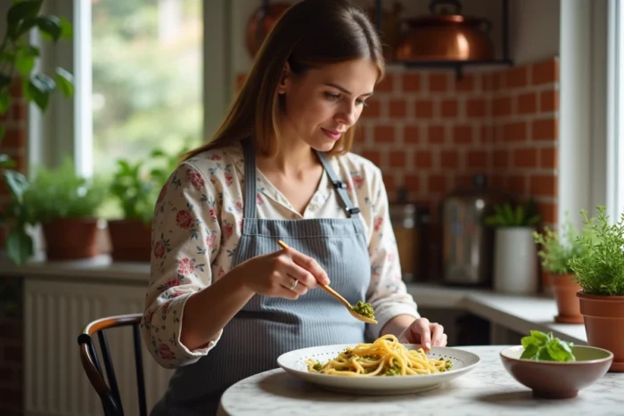 Femme enceinte préparant des pâtes au pesto dans une cuisine de style français