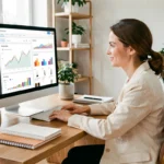 Femme entrepreneur analysant les tendances de son site e-commerce sur un écran d'ordinateur dans un bureau minimaliste