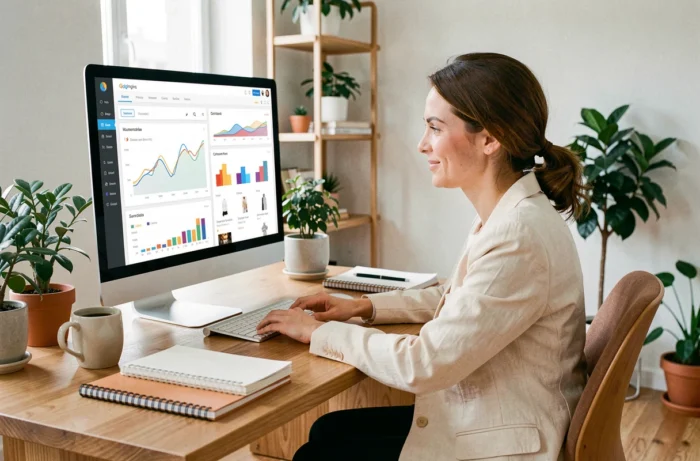 Femme entrepreneur analysant les tendances de son site e-commerce sur un écran d'ordinateur dans un bureau minimaliste