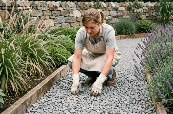 Femme qui étale du gravier décoratif gris dans une allée de jardin entourée de lavande et de graminées ornementales