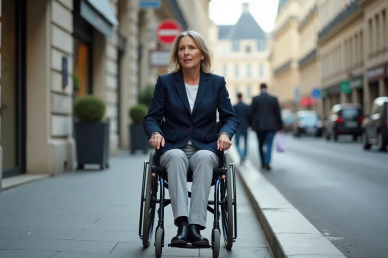 Femme en fauteuil roulant manuel naviguant sur un trottoir aménagé PMR en centre-ville français