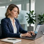 Femme professionnelle analysant des graphiques financiers sur un ordinateur portable dans un bureau moderne en 2024