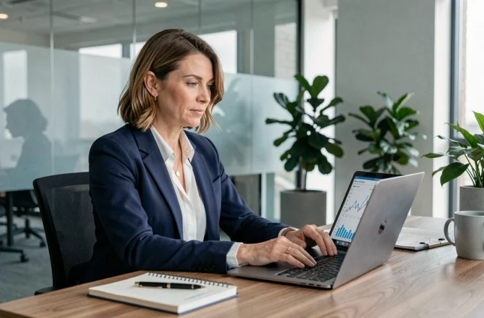 Femme professionnelle analysant des graphiques financiers sur un ordinateur portable dans un bureau moderne en 2024
