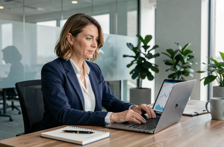 Femme professionnelle analysant des graphiques financiers sur un ordinateur portable dans un bureau moderne en 2024