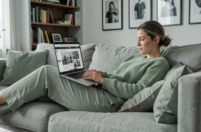 Femme décontractée consultant un guide féminin en ligne sur son ordinateur portable dans un salon moderne