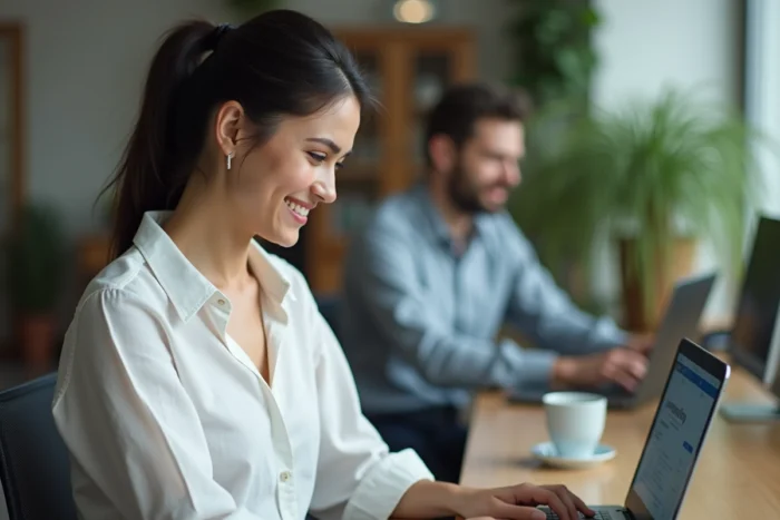 Femme professionnelle utilisant une alternative légale d'hébergement vidéo dans un espace de co-working