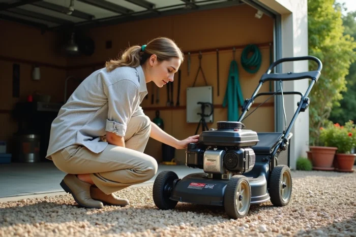 Femme inspectant le moteur d'une tondeuse thermique dans un garage de jardinage