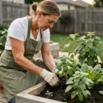 Femme jardinant dans un potager biologique surélevé avec des plants de tomates et de basilic dans un jardin résidentiel