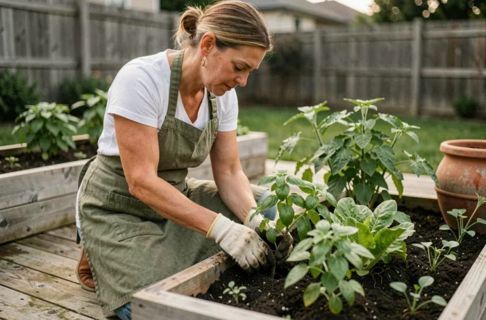 Femme jardinant dans un potager biologique surélevé avec des plants de tomates et de basilic dans un jardin résidentiel