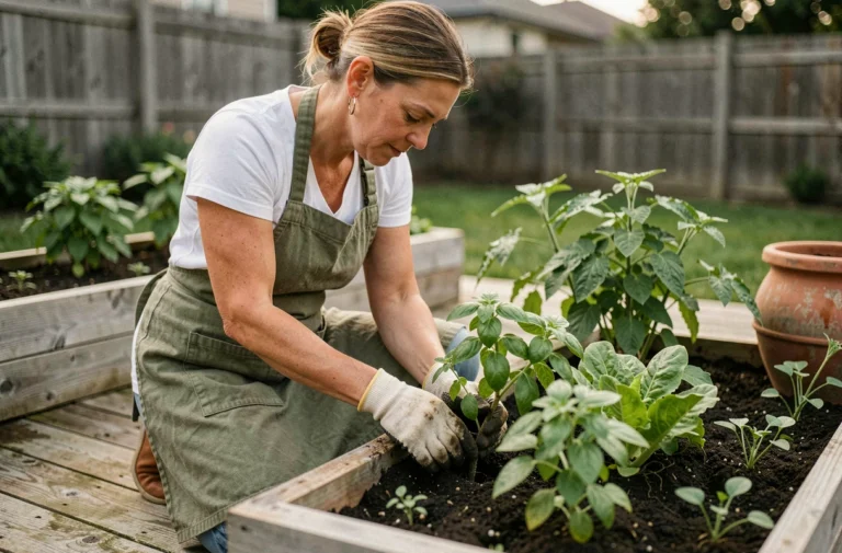 Femme jardinant dans un potager biologique surélevé avec des plants de tomates et de basilic dans un jardin résidentiel
