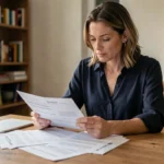 Femme consultant un livret d'épargne et des relevés bancaires à une table en bois dans un appartement moderne