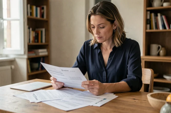 Femme consultant un livret d'épargne et des relevés bancaires à une table en bois dans un appartement moderne