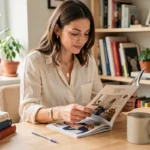 Femme parcourant un magazine féminin dans un bureau cosy entouré de plantes et de livres
