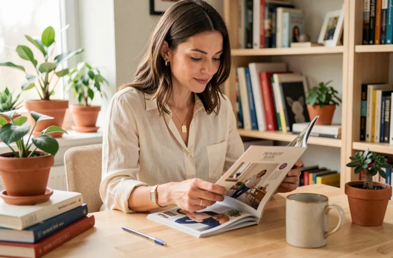 Femme parcourant un magazine féminin dans un bureau cosy entouré de plantes et de livres
