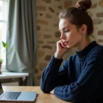 Femme naviguant sur le plan du site Jolie Breizh depuis un bureau en bois dans une maison bretonne