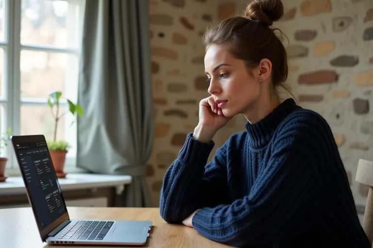 Femme naviguant sur le plan du site Jolie Breizh depuis un bureau en bois dans une maison bretonne