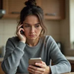 Femme regardant un numéro de téléphone inconnu sur son smartphone avec une expression méfiante