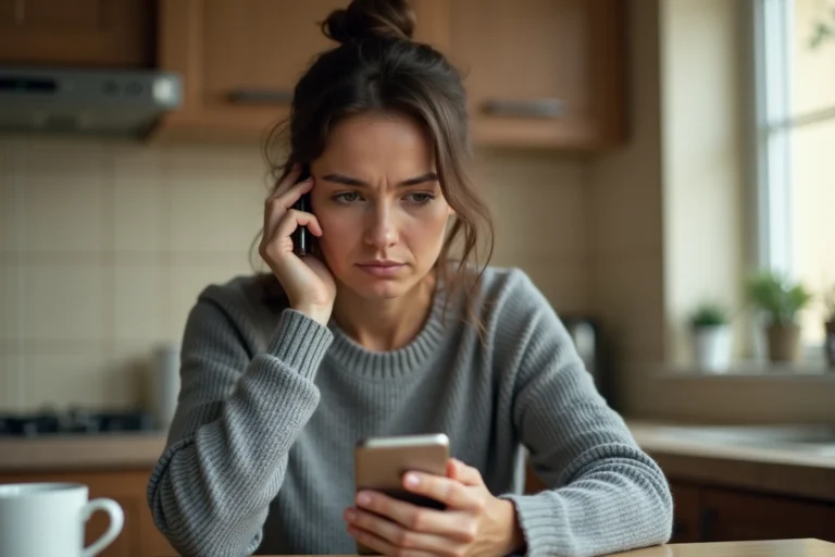 Femme regardant un numéro de téléphone inconnu sur son smartphone avec une expression méfiante
