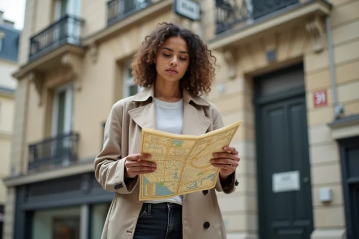 Jeune femme consultant un plan des arrondissements de Paris dans une rue haussmannienne typique