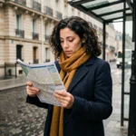 Femme consultant un plan de lignes de bus à un arrêt parisien avec des façades haussmanniennes en arrière-plan