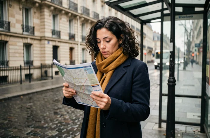 Femme consultant un plan de lignes de bus à un arrêt parisien avec des façades haussmanniennes en arrière-plan