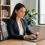 Femme professionnelle analysant des ressources business en ligne sur un ordinateur portable dans un bureau moderne