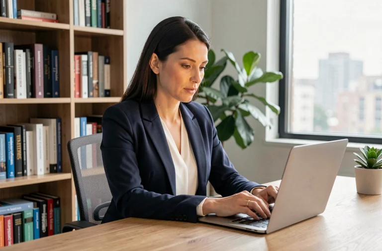 Femme professionnelle analysant des ressources business en ligne sur un ordinateur portable dans un bureau moderne