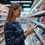 Femme examinant des vêtements Armor Lux en promotion dans le rayon textile d'un supermarché Intermarché