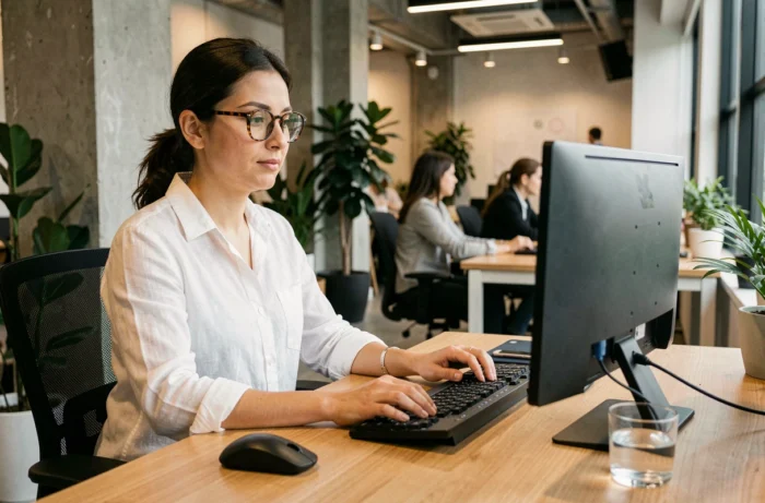 Femme recherchant une nouvelle adresse de zone de téléchargement dans un espace de coworking moderne