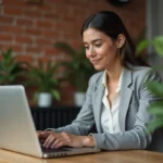 Femme consultant un plan de site de formation sur un ordinateur portable dans un espace de coworking moderne