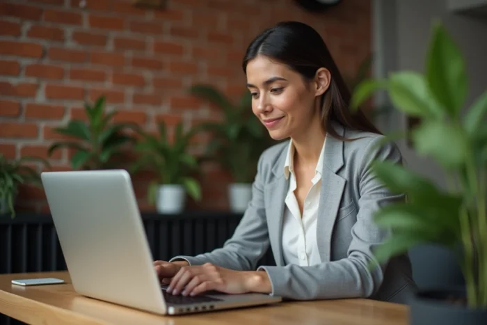 Femme consultant un plan de site de formation sur un ordinateur portable dans un espace de coworking moderne