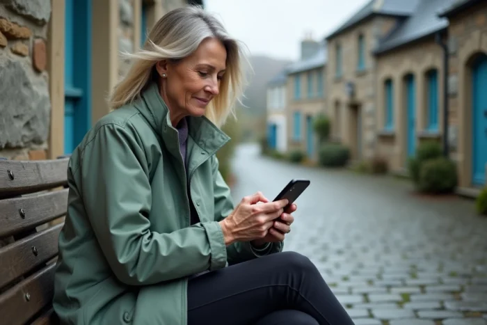 Femme consultant le plan du site Jolie Breizh sur smartphone dans un village côtier breton aux maisons en pierre