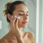 Femme appliquant une crème hydratante sur son visage dans une salle de bain en marbre, soin de peau quotidien