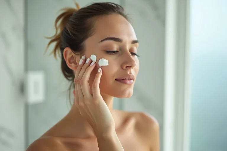 Femme appliquant une crème hydratante sur son visage dans une salle de bain en marbre, soin de peau quotidien