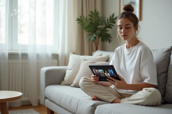 Femme utilisant une tablette pour accéder à une plateforme de streaming depuis son salon minimaliste