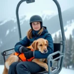 Femme sur un télésiège tenant son chien golden retriever avec harnais de sécurité en montagne enneigée
