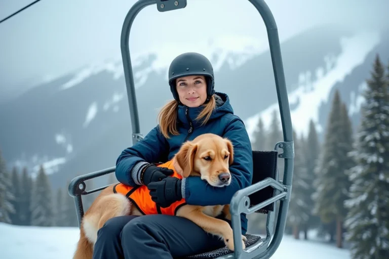 Femme sur un télésiège tenant son chien golden retriever avec harnais de sécurité en montagne enneigée