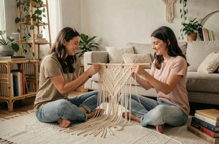 Deux femmes réalisant un macramé ensemble dans un salon bohème moderne et décoré de plantes